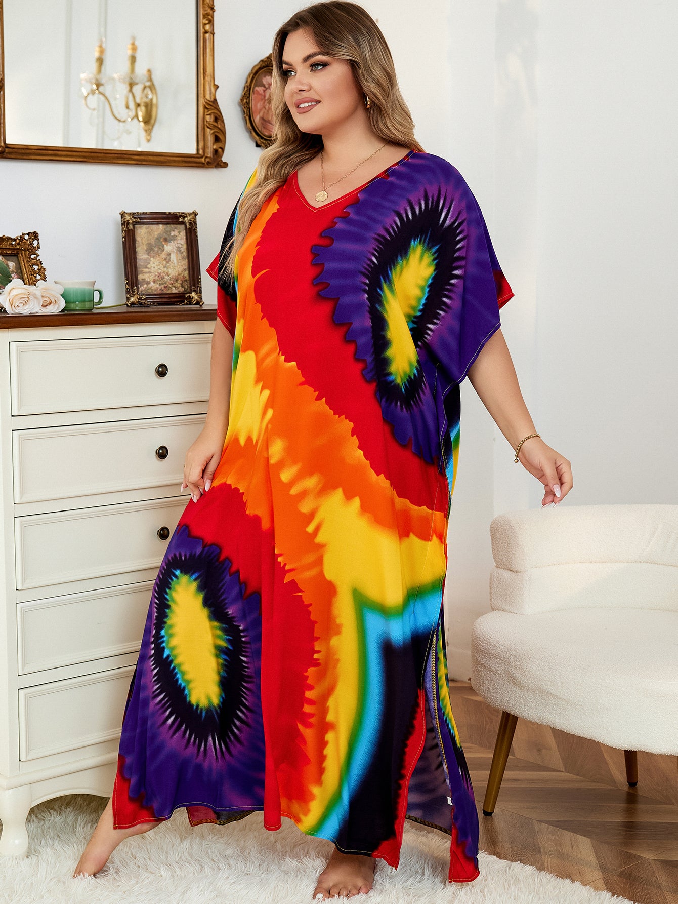 Plus Size Bohemian Printed Red V-neck Batwing Sleeve Dress For Women Casual Beachwear Kaftan Half Sleeve Maxi Dresses Q1342-791-7