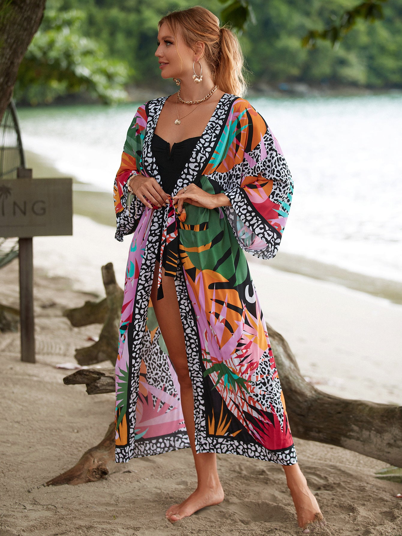 Boho Printed Long Kimono Dress Bathing Suit Cover-ups Summer Clothing Tunic Women Beach Wear Swim Suit Cover Up Q1512-1120-7