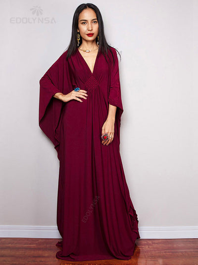Solid V-neck Batwing Sleeve Plus Size Kaftan Loose Maxi Dresses Women Summer Beachwear Bathing Robe Soft House Dress Q1306-8702-3