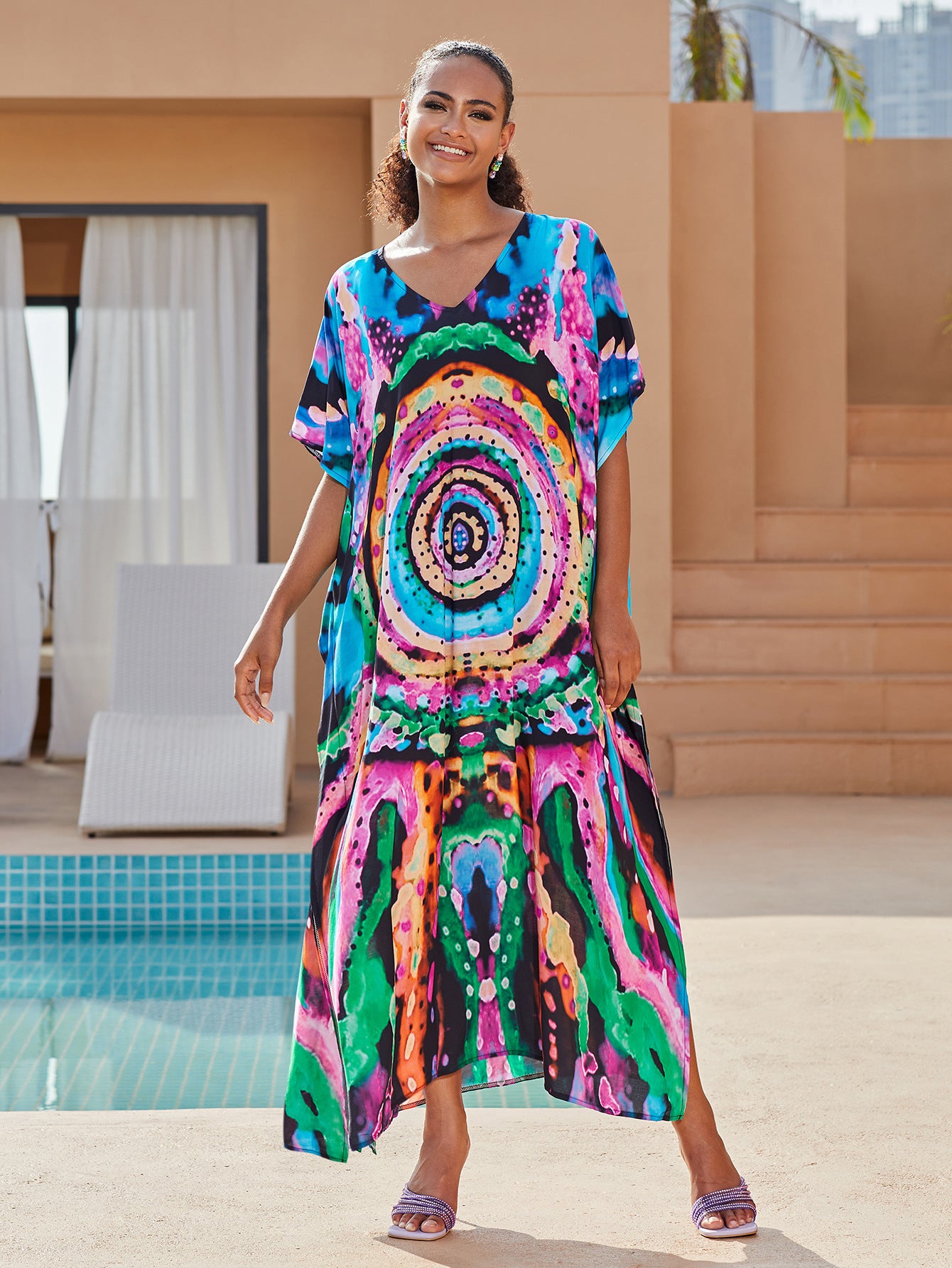 Bohemian Printed Comfy V Neck Loose Beach Dress African Summer Women Beachwear Batwing Sleeve Bathing Suit Cover Up Q1577-1127-2