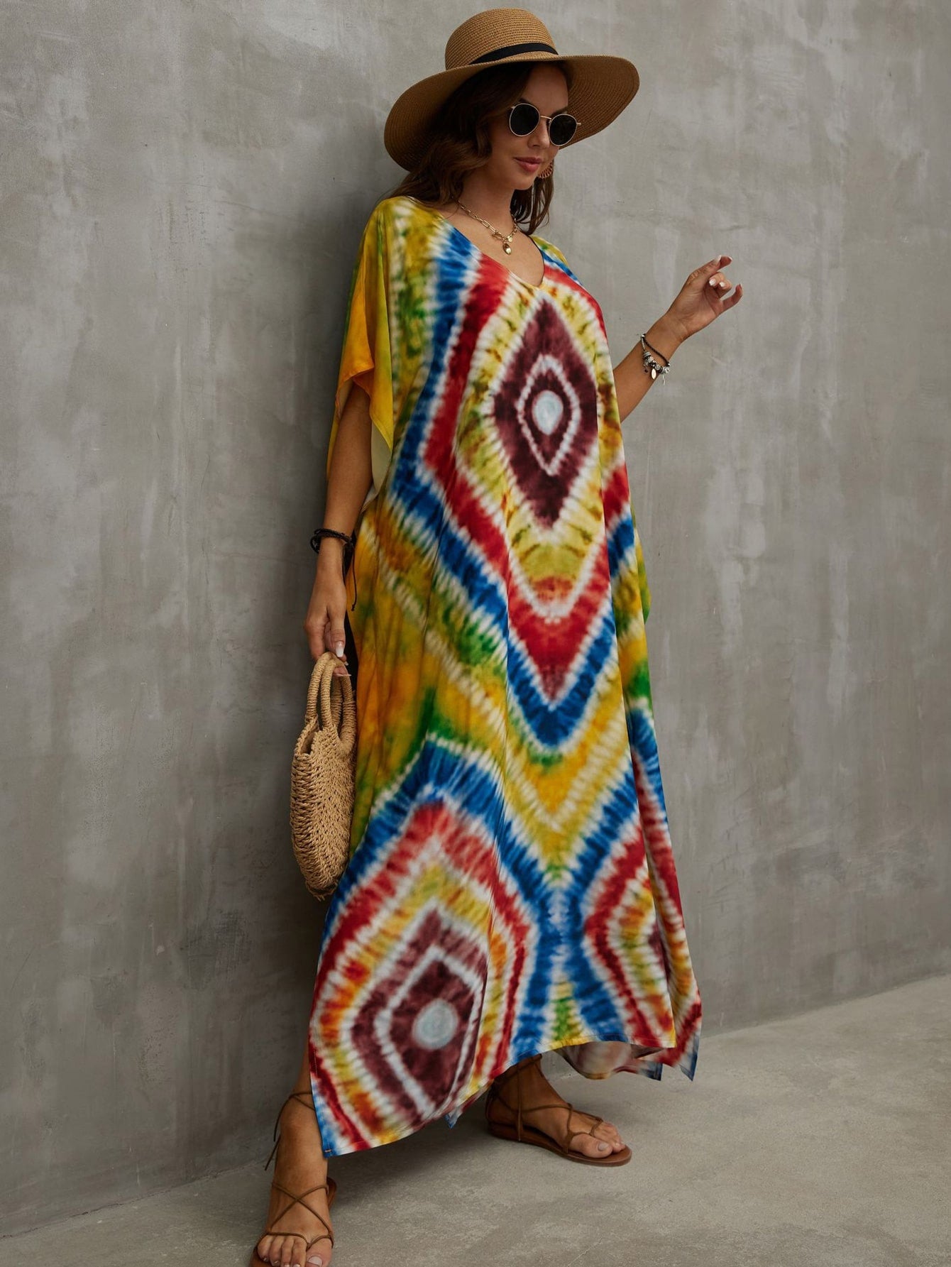 Bohemian Colorful Printed Loose Kaftans Casual Robe Summer Vacation Dress Women Comfy Beachwear Swimsuit Cover Up Q1464-1102-15