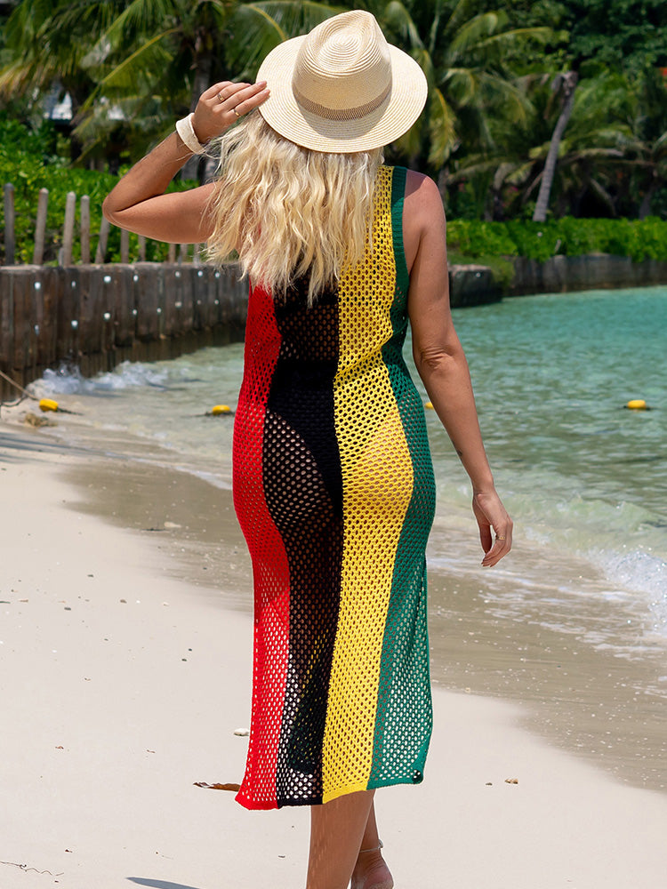 Boho Striped Crochet Tunic Sexy Mesh Sleeveless Mid-calf Length Beach Dress Women Casual Beachwear Bikini Cover-ups Q1403