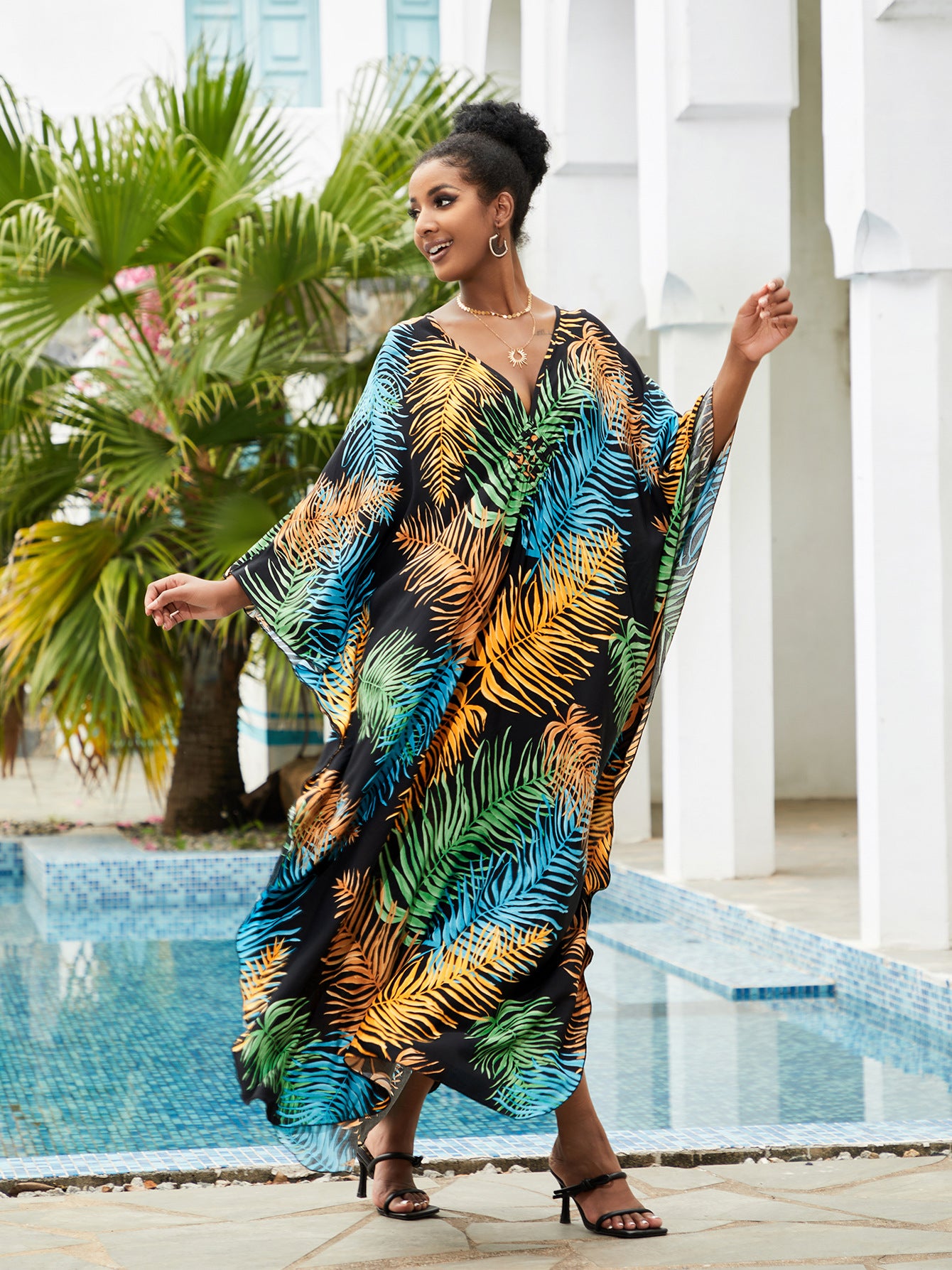 Tie Dye Batwing Sleeve Split Thigh Cover Up Q1523-8744-1