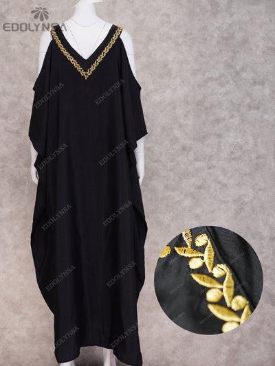 Elegant Gold Embroidered Loose Kaftan House Robe Retro V-neck White Dress Women Summer Beach Wear Swim Maxi Dresses Q943