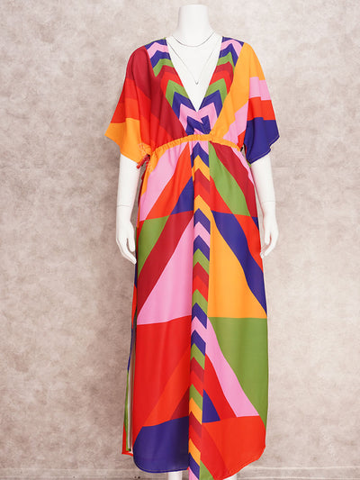 Bohemian Print Half Sleeve High Waist Self Belted Maxi Dress Tunic Women Summer Clothes Beach Wear Swim Suit Cover Up Q1461