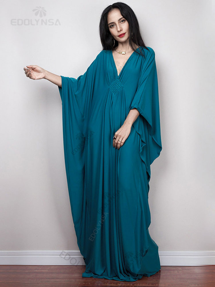 Solid V-neck Batwing Sleeve Plus Size Kaftan Loose Maxi Dresses Women Summer Beachwear Bathing Robe Soft House Dress Q1306-8702-15