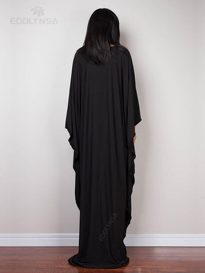 Solid V-neck Batwing Sleeve Plus Size Kaftan Loose Maxi Dresses Women Summer Beachwear Bathing Robe Soft House Dress Q1306-8702-2