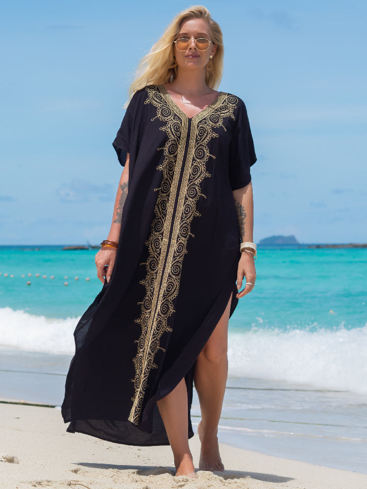 Boho Printed Kaftan Casual Summer Clothing Women Plus Size V-Neck Batwing Sleeve Beach Wear Maxi Dress Robe Q1457