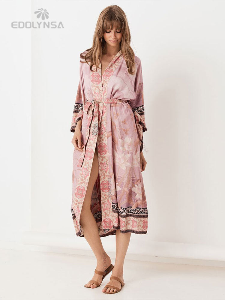Soft Bikini Cover-ups Pink Boho Print Self Belted Front Open Long Kimono Dress Beach Tunic Women Swim Suit Cover Up Q996-1