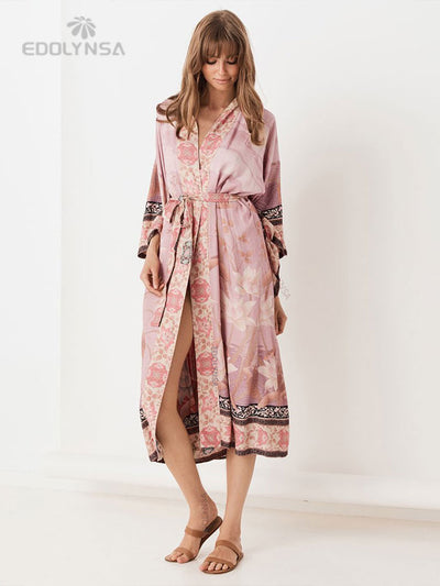 Soft Bikini Cover-ups Pink Boho Print Self Belted Front Open Long Kimono Dress Beach Tunic Women Swim Suit Cover Up Q996-1