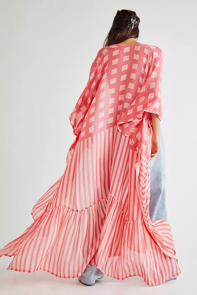 Bohemian Striped Half Sleeve Flowy Kimono Dress Plus Size Women Clothing Beach Wear Swim Suit Cover-ups 2023 Loose Outfit Q1347-960-3
