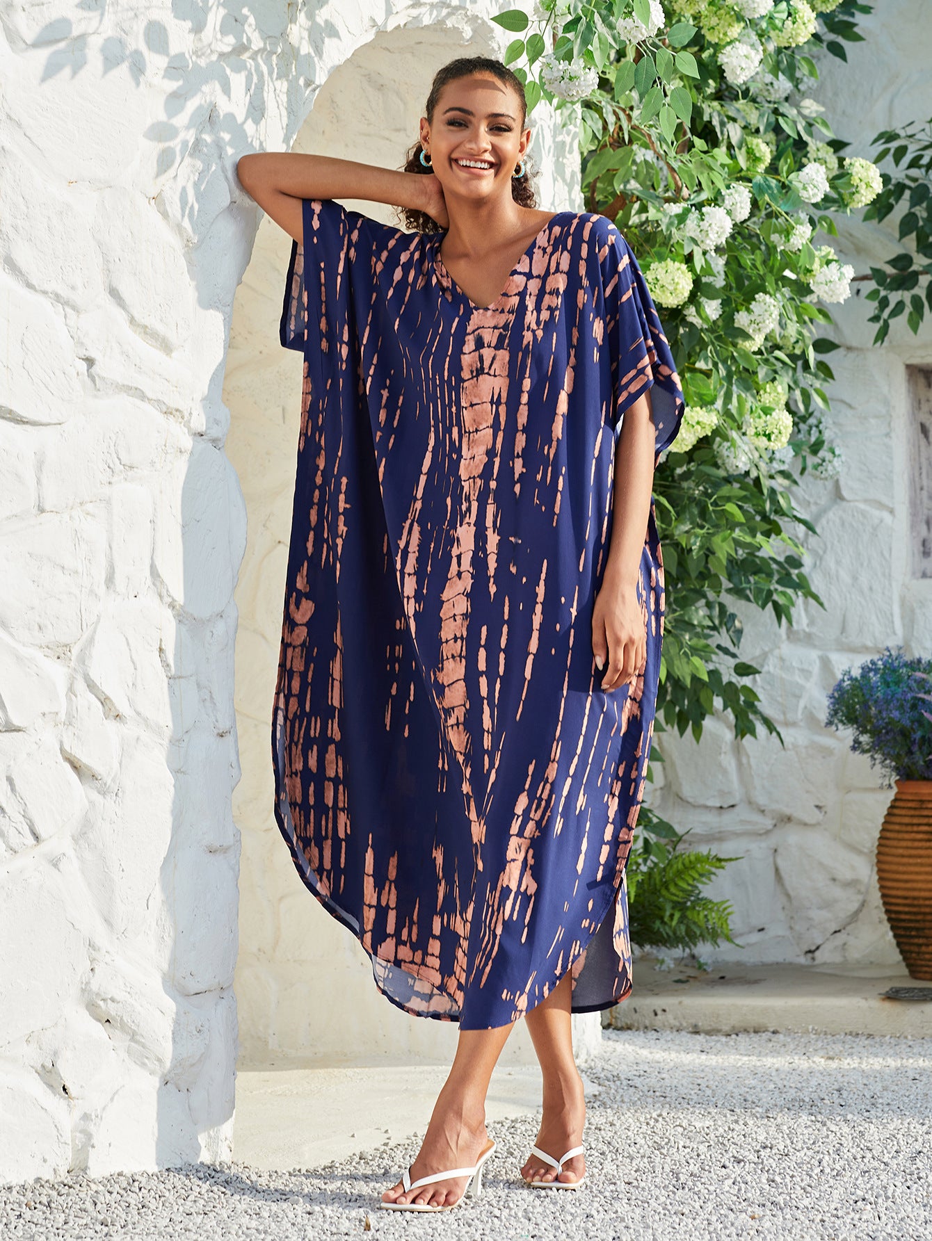 Bohemian Plus Size Striped Print Kaftan Maxi Dress Slit Loose Robe Women  Summer Autumn Beachwear Swimsuit Cover-ups Q1218-730-6