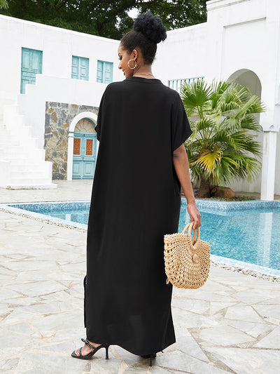 Plus Size Black Loose Kaftan Slit Dress 2023 Women V Neck Glod Embroidered Beachwear Bikini Cover Up Casual African Robe Q1527