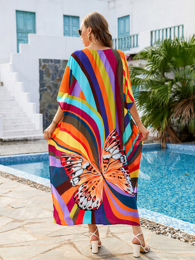 Boho Printed Beachwear Coverup Women Plus Size Beach Dress Loose African Caftan Robe Elegant Summer Colorful Outfit Q1564-1128