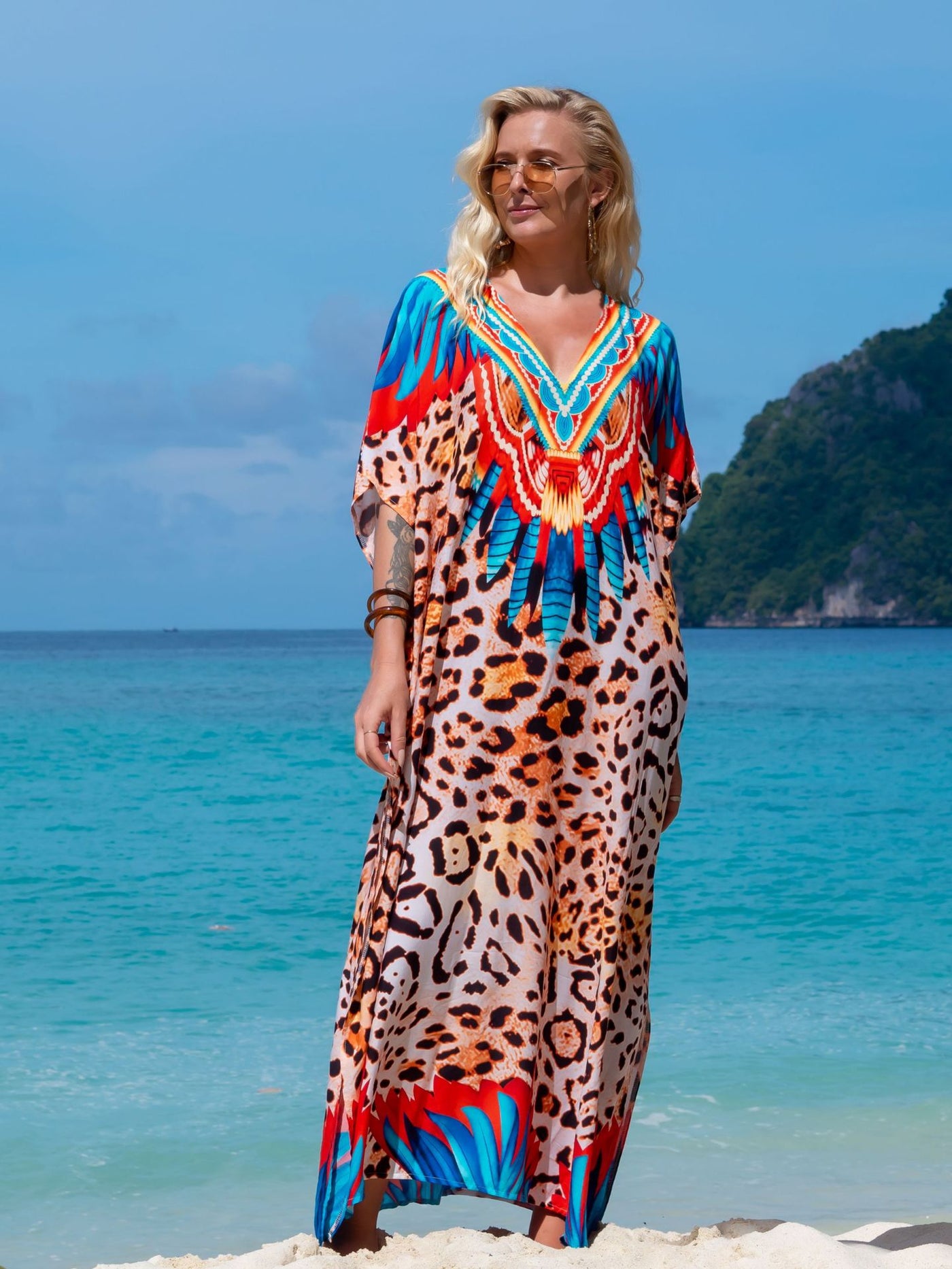 Bohemian Seaside Plus Size Print Kaftan Maxi Dress V Neck Slit Loose Robe Women Summer Beachwear Swimsuit Cover-ups Q1415-1066-4