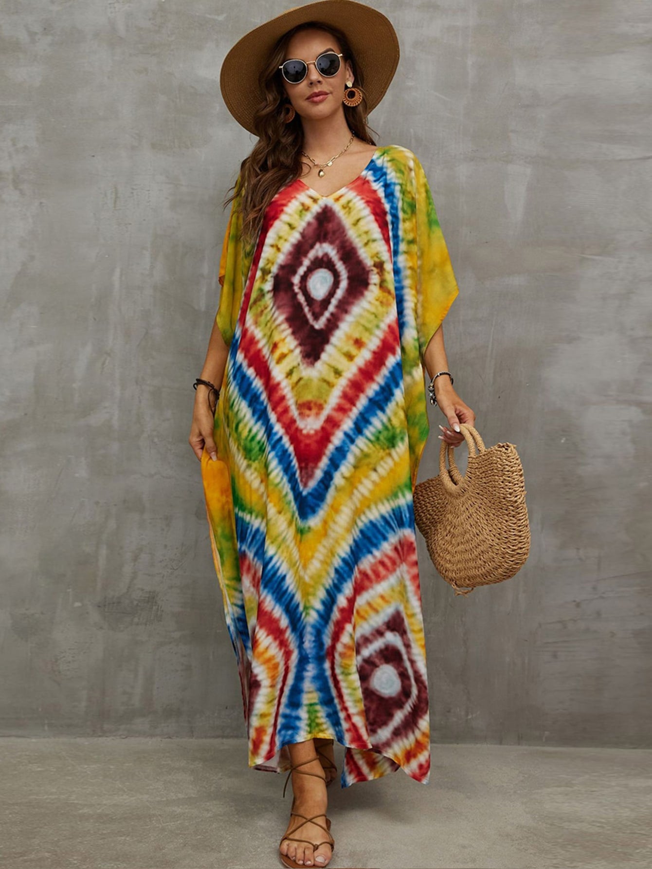 Bohemian Colorful Printed Loose Kaftans Casual Robe Summer Vacation Dress Women Comfy Beachwear Swimsuit Cover Up Q1464-1102-15