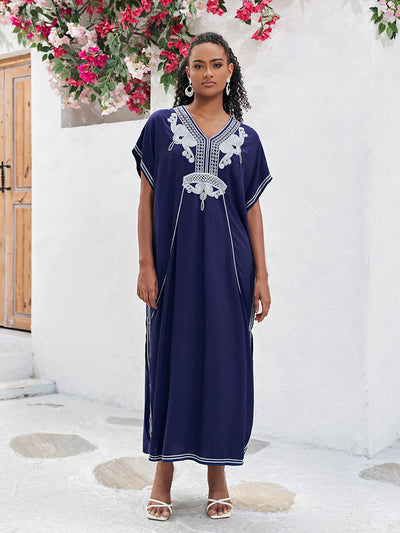 Embroidered Long Kaftan Dresses for Women Turkish Caftan Robe Plus Size Bathing Suit Cover ups Lightweight Outfit Q660-7123 navy blue