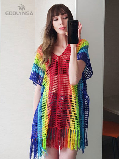 Boho Rainbow Striped Gradient Crochet Bathing Suit Cover-ups Plus Size Women Summer Beach Wear Tops Swimsuit Cover Up Q1303-2327