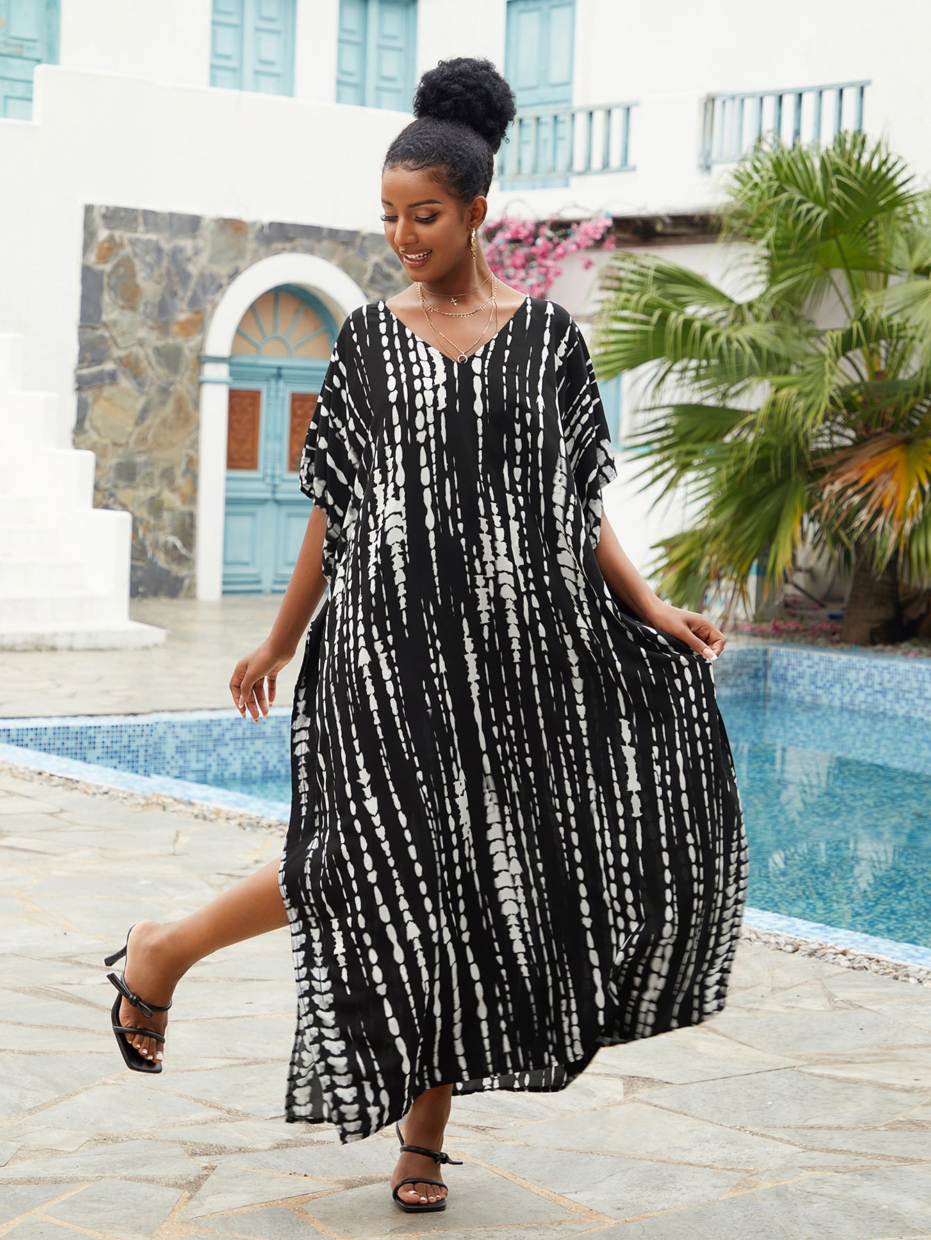 Bohemian Plus Size Striped Print Kaftan Maxi Dress Slit Loose Robe Women  Summer Autumn Beachwear Swimsuit Cover-ups Q1218-730-4