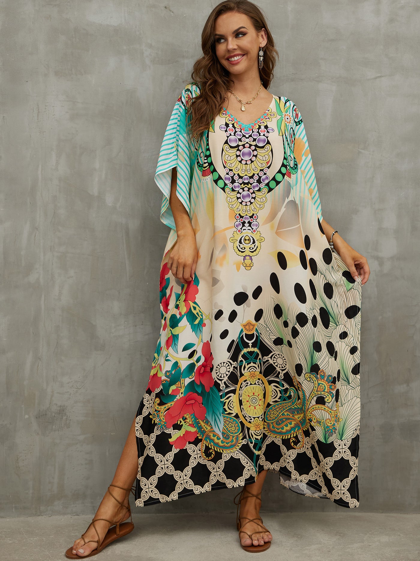 Flora Printed Loose Kaftan Casual Summer Vacation Wear Tunic Women Clothes Beach Wear Swim Suit Cover Up Q1464-1102-19
