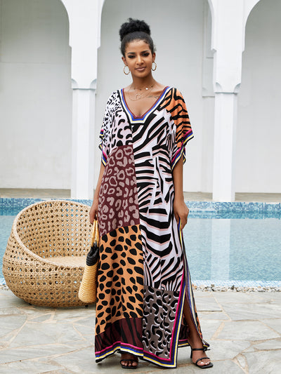 Grey Leopard Kaftan Elegant V-neck Half Sleeve Side Split Summer Dress Plus Size Women Beach Wear Swim Suit Cover Up Q1323-805