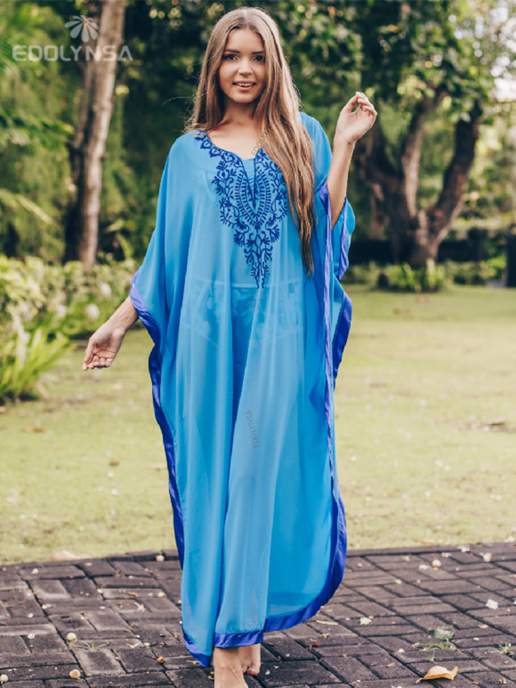 Bohemian Embroider Summer Beach Dress Women Plus Size Beachwear Loose Kaftan Sexy Half Sleeve Chiffon Maxi Dress Robe Q746-Blue
