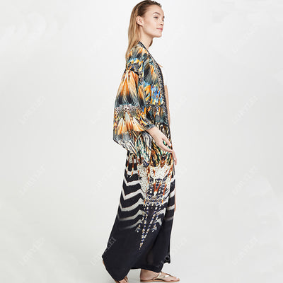 Multicolored Bikini Cover-ups Sexy Long Sleeve Boho Summer Beach Dress Plus Size Beachwear Swimsuit Cover Up Q1367