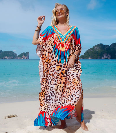 Bohemian Seaside Plus Size Print Kaftan Maxi Dress V Neck Slit Loose Robe Women Summer Beachwear Swimsuit Cover-ups Q1415-1066-4