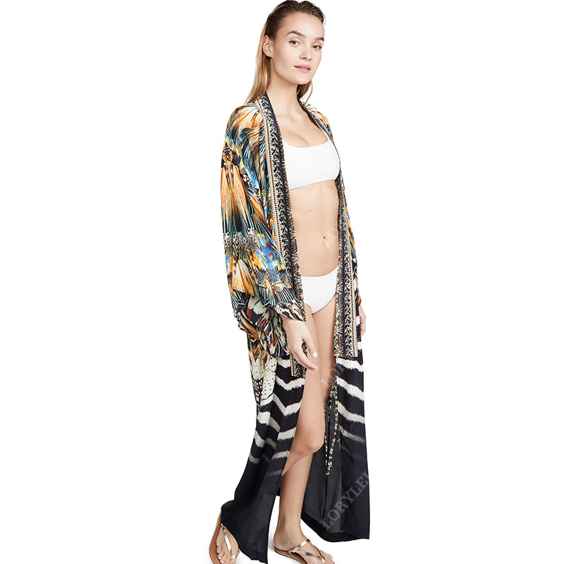Multicolored Bikini Cover-ups Sexy Long Sleeve Boho Summer Beach Dress Plus Size Beachwear Swimsuit Cover Up Q1367