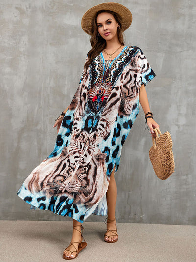 Indie Folk Plus Size Kaftan Casual V-neck Half Sleeve Summer Maxi Dress Woman Clothing Beach Wear Swim Suit Cover Up Q1383-13