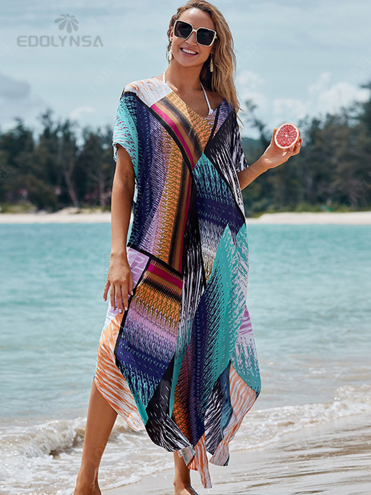 Quick-drying Bikini Cover-ups Bohemian Print V-neck Summer Dress Beach Tunic Women Beachwear Kaftan Swimsuit Cover Up Q1161