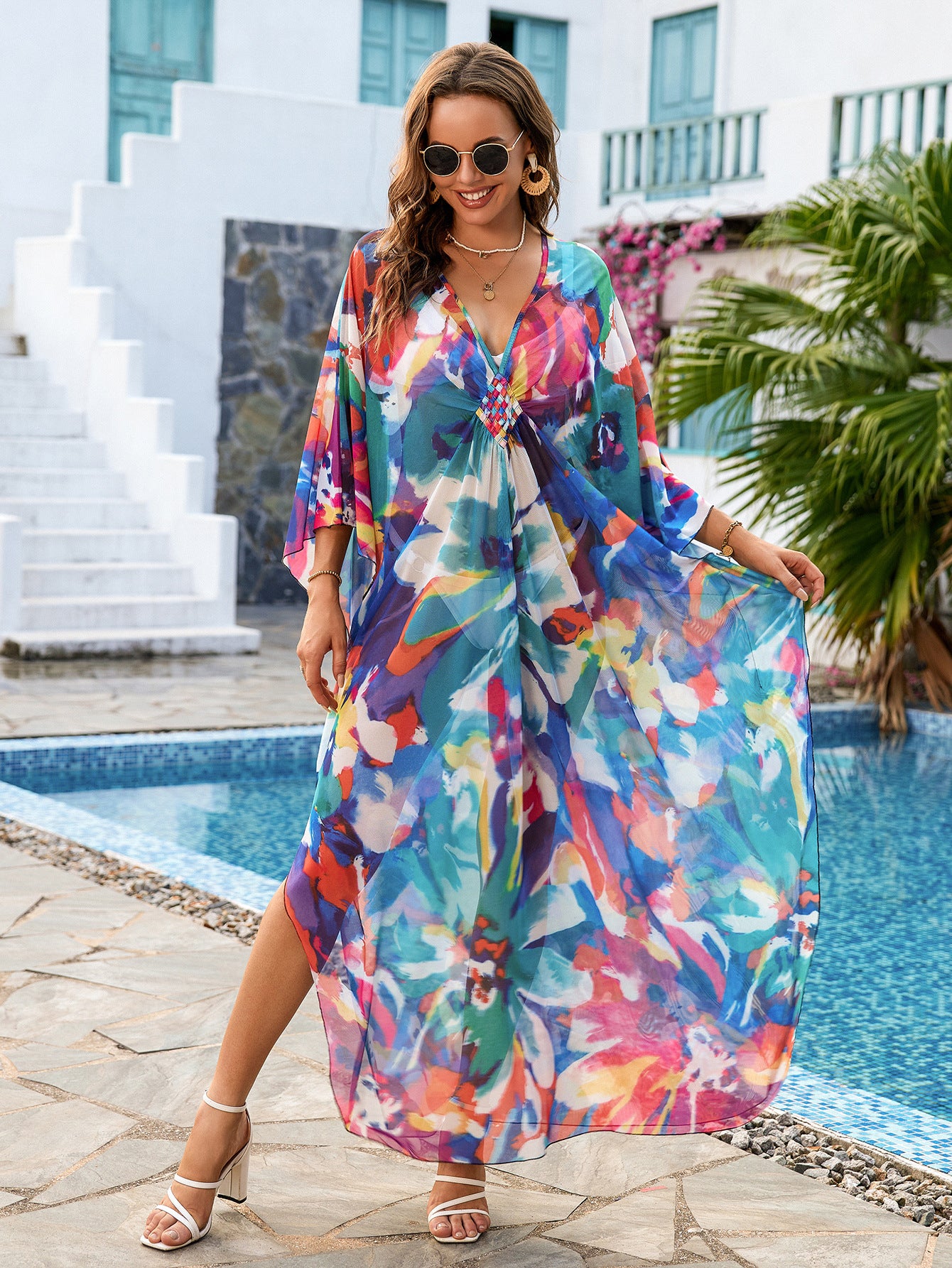 Plus Graphic Print Batwing Sleeve Split Thigh Cover Up Dress Q1559-8749-6