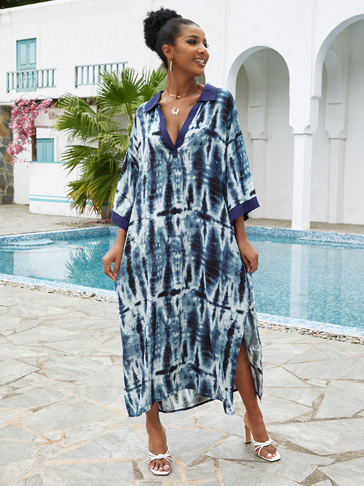Bohemian Print Shirt Collar Side Slit Kaftan Casual Beach Maxi Dress 2023 Women Summer Loose Robe Beachwear Cover-ups Q1540-23041