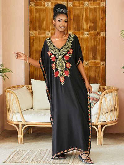 V-neck Short Sleeve Casual Embroidery Button Kaftan Maxi Dress Tunic Women Summer Clothes Beachwear Swimsuit Cover Up Q1490-black