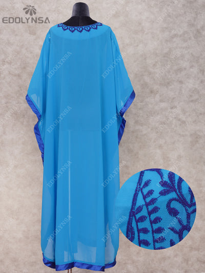 Bohemian Embroider Summer Beach Dress Women Plus Size Beachwear Loose Kaftan Sexy Half Sleeve Chiffon Maxi Dress Robe Q746-Blue
