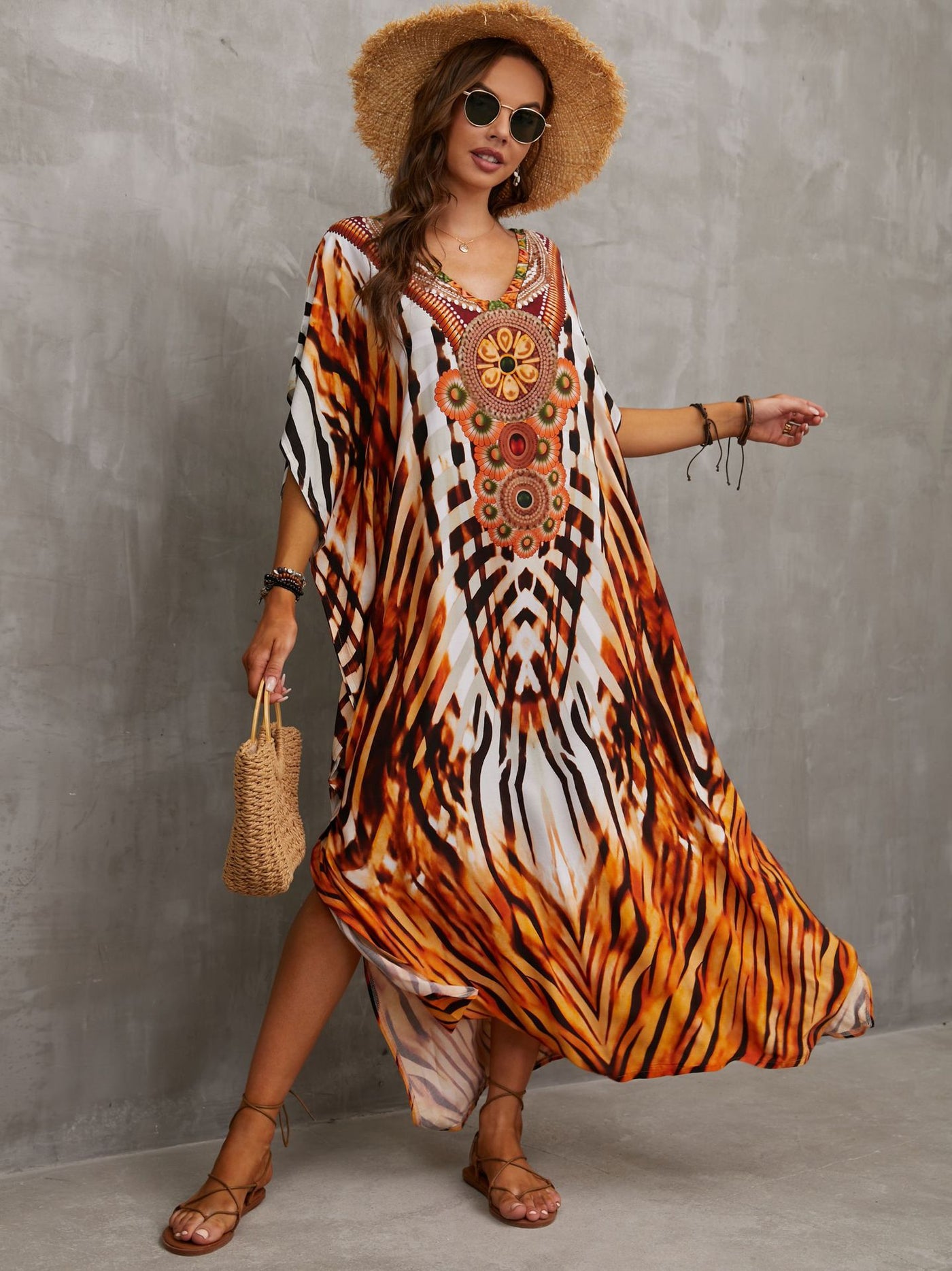 Flora Printed Loose Kaftan Casual Summer Vacation Wear Tunic Women Clothes Beach Wear Swim Suit Cover Up Q1464-1102-4