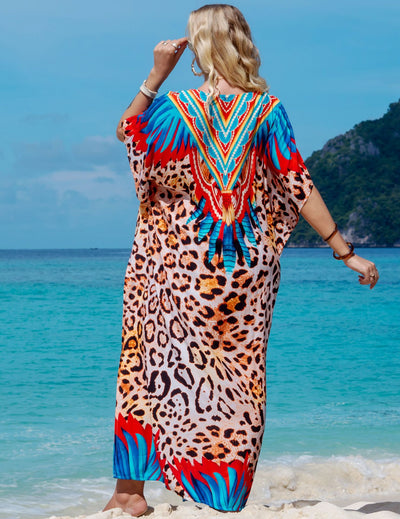 Bohemian Seaside Plus Size Print Kaftan Maxi Dress V Neck Slit Loose Robe Women Summer Beachwear Swimsuit Cover-ups Q1415-1066-4
