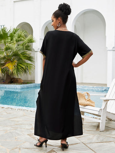Black Plus Size Kaftan Dress Women V Neck Slit Embroidery Beachwear Cover-ups Short Sleeve Casual Resort Wear African Robe Q1544