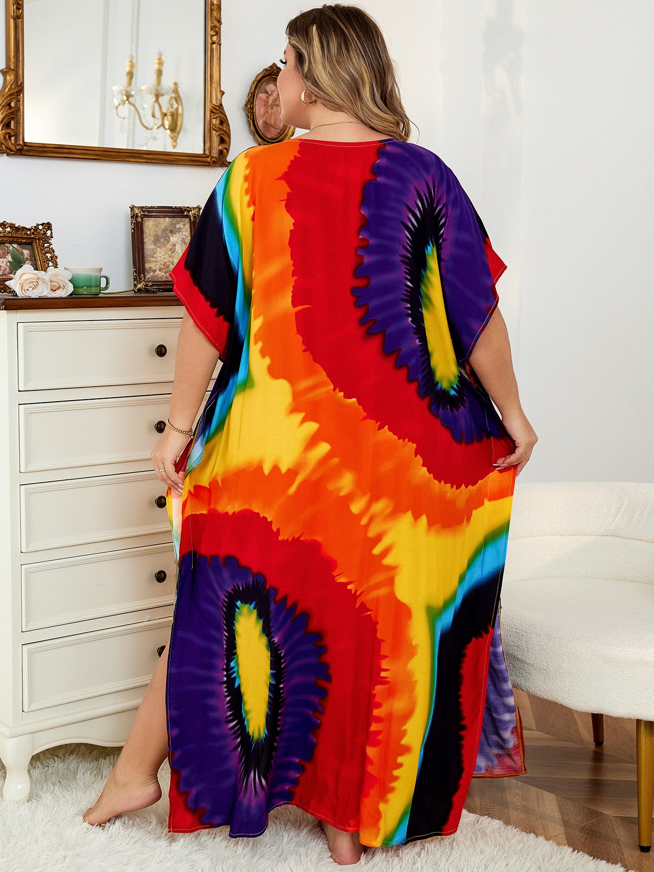 Plus Size Bohemian Printed Red V-neck Batwing Sleeve Dress For Women Casual Beachwear Kaftan Half Sleeve Maxi Dresses Q1342-791-7