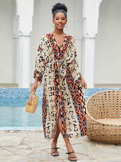 Bohemian Printed Elegant Self Belted Kimono Dress Tunic Women Clothing Plus Size Beach Wear Swim Suit Cover Up Q1228-4