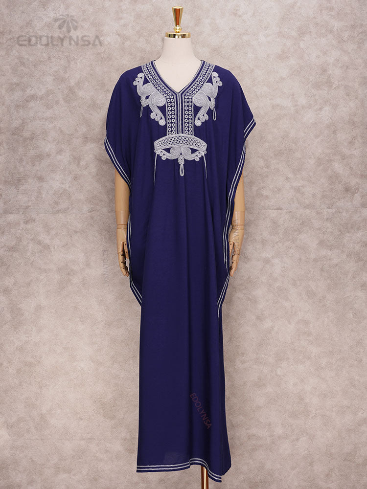 Embroidered Long Kaftan Dresses for Women Turkish Caftan Robe Plus Size Bathing Suit Cover ups Lightweight Outfit Q660-7123 navy blue
