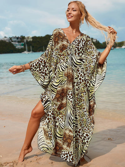 Sexy Bohemian Print Bikini Cover-ups Casual V-neck Side Split Summer Beach Dress Women Beach Wear Swim Suit Cover Up Q1297-8772-10