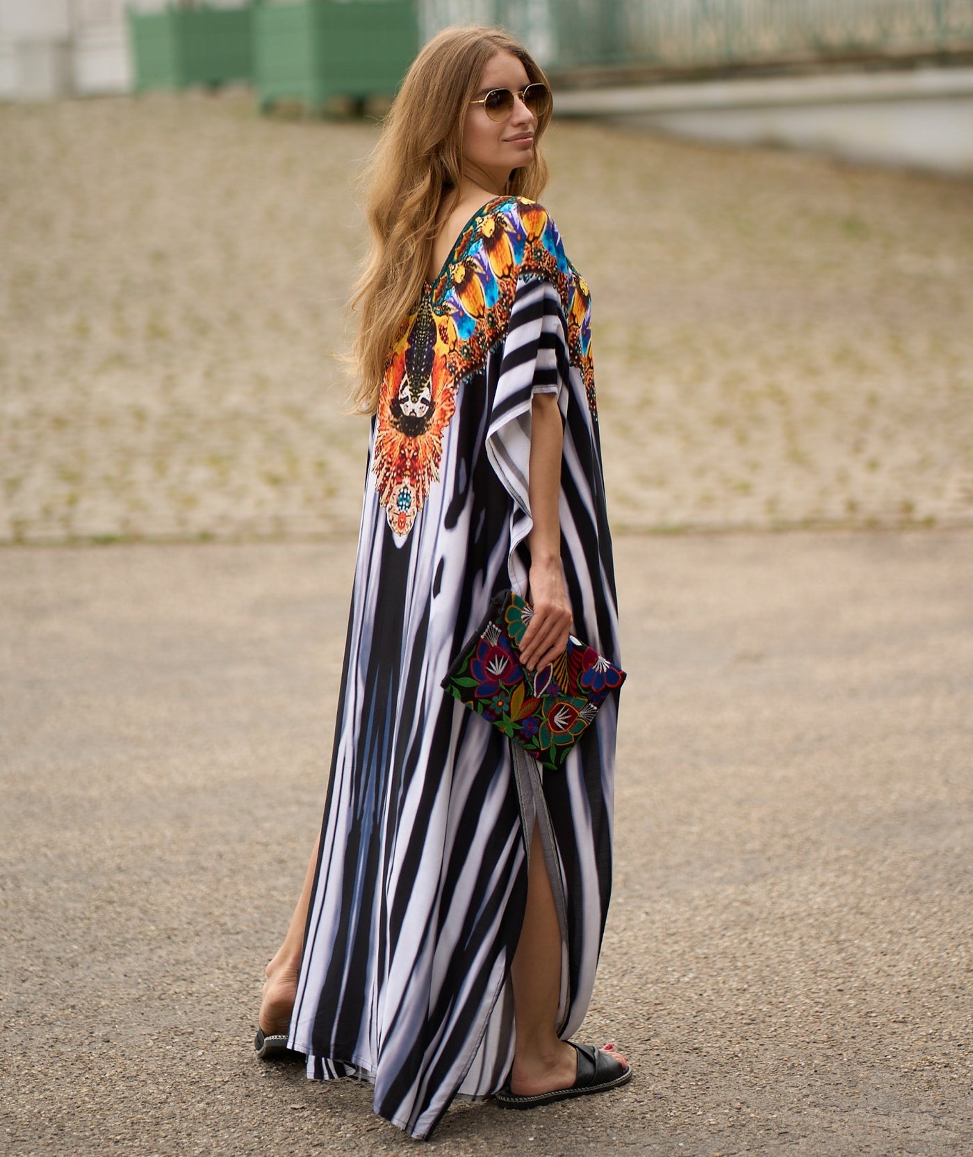 Boho Printed Bikini Cover-ups Batwing Sleeve Beach Maxi Dress  Woman Moroccan Kaftan Robe Beachwear Swimsuit Cover Up Q1450-1086-2
