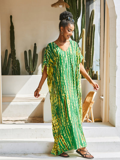 Women Casual African Kaftan Robe Striped Print Batwing Sleeve Beachwear Cover Up Maxi Dress pareos de playa mujer Q1218-730-19