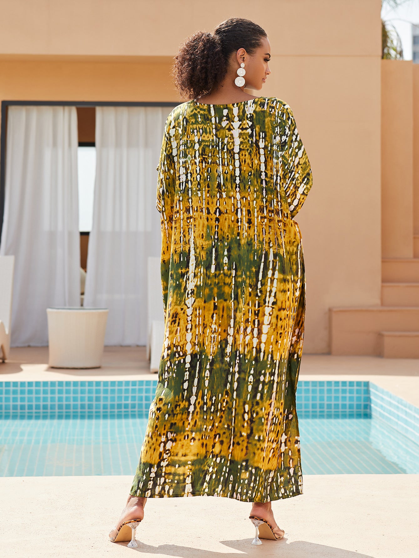 Casual Tie-dye Kaftan Robe Striped Printed V Neck Batwing Sleeve  Women Summer Maxi Dresses Beachwear Cover-ups Q1218-730-29