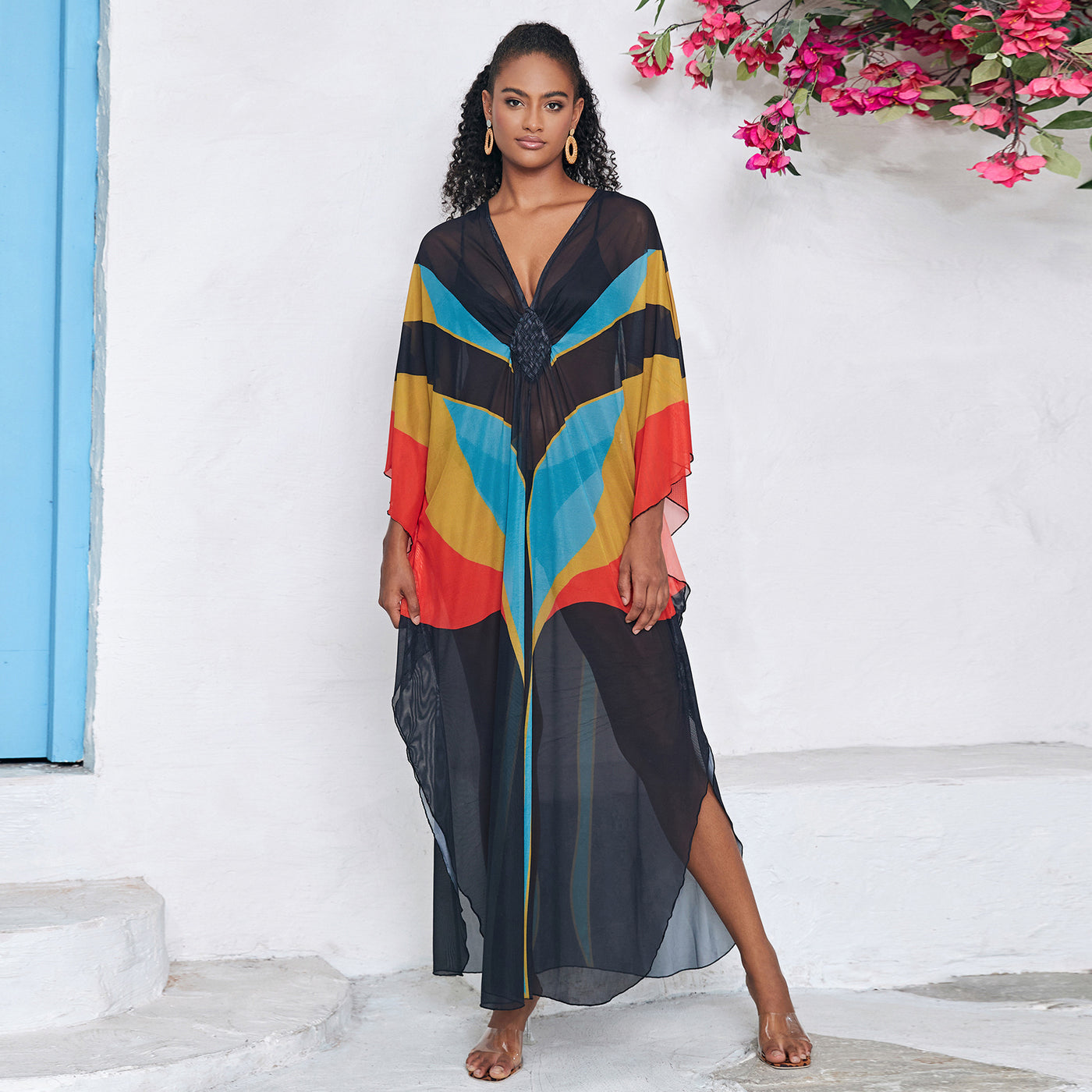 Plus Graphic Print Batwing Sleeve Split Thigh Cover Up Dress Q1559-8749-10