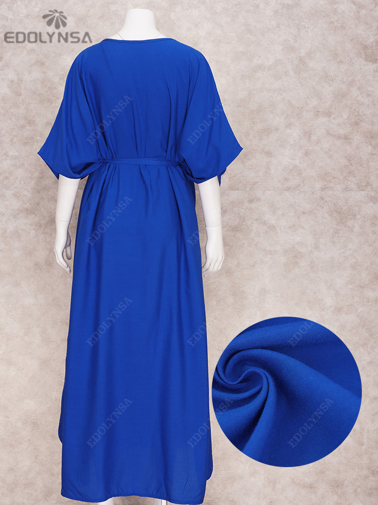 Solid Blue Plus Size Long Kaftan Casual V-neck Robe Summer Autumn Maxi Dress Woman Outfit Beachwear Swimsuit Cover Up Q1384-Blue