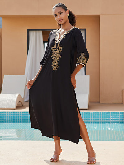 Beach Cover-ups Embroidery Vintage Ladies Tunics Kaftan Summer Dress Beach Wear Swim Suit Cover Up Robe de Plage Q1155-black