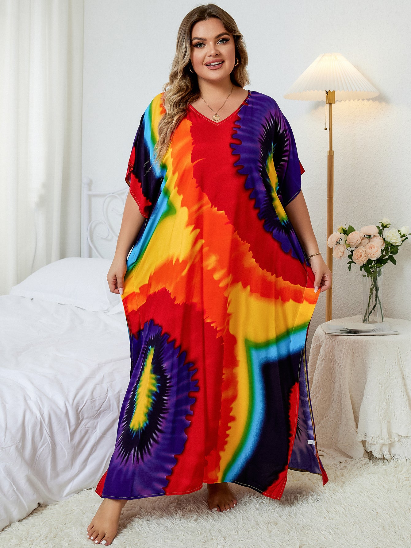 Plus Size Bohemian Printed Red V-neck Batwing Sleeve Dress For Women Casual Beachwear Kaftan Half Sleeve Maxi Dresses Q1342-791-7