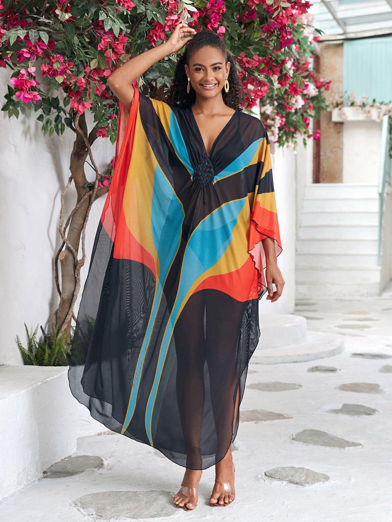 Plus Graphic Print Batwing Sleeve Split Thigh Cover Up Dress Q1559-8749-10
